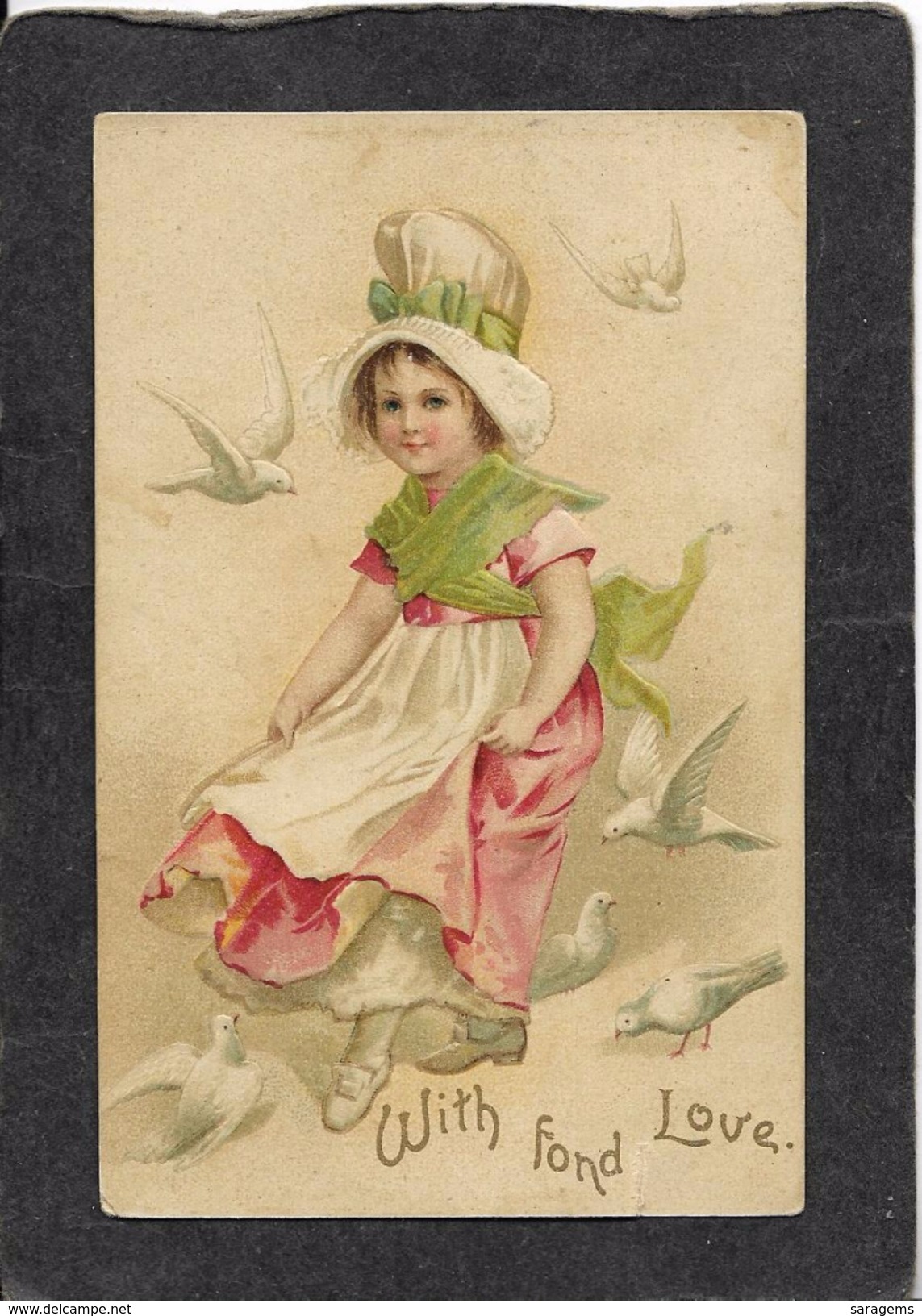 Pretty Young Lady In Red Dress Surrounded By 6 Valentines Doves"With Fond Love"1910 - Ellen Clapsaddle Antique Postcard - Clapsaddle