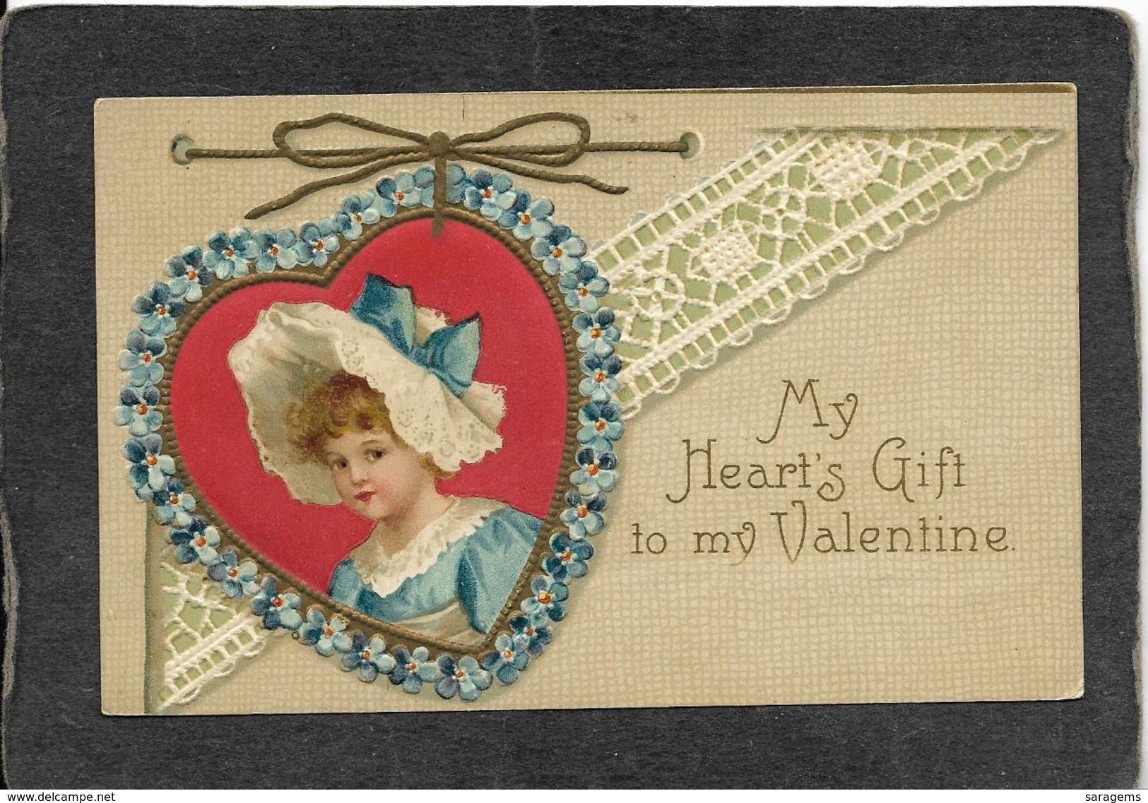 Pretty Young Girl In White Bonnet & Blue Ribbon"My Heart's Gift" - Ellen Clapsaddle Antique Postcard - Clapsaddle