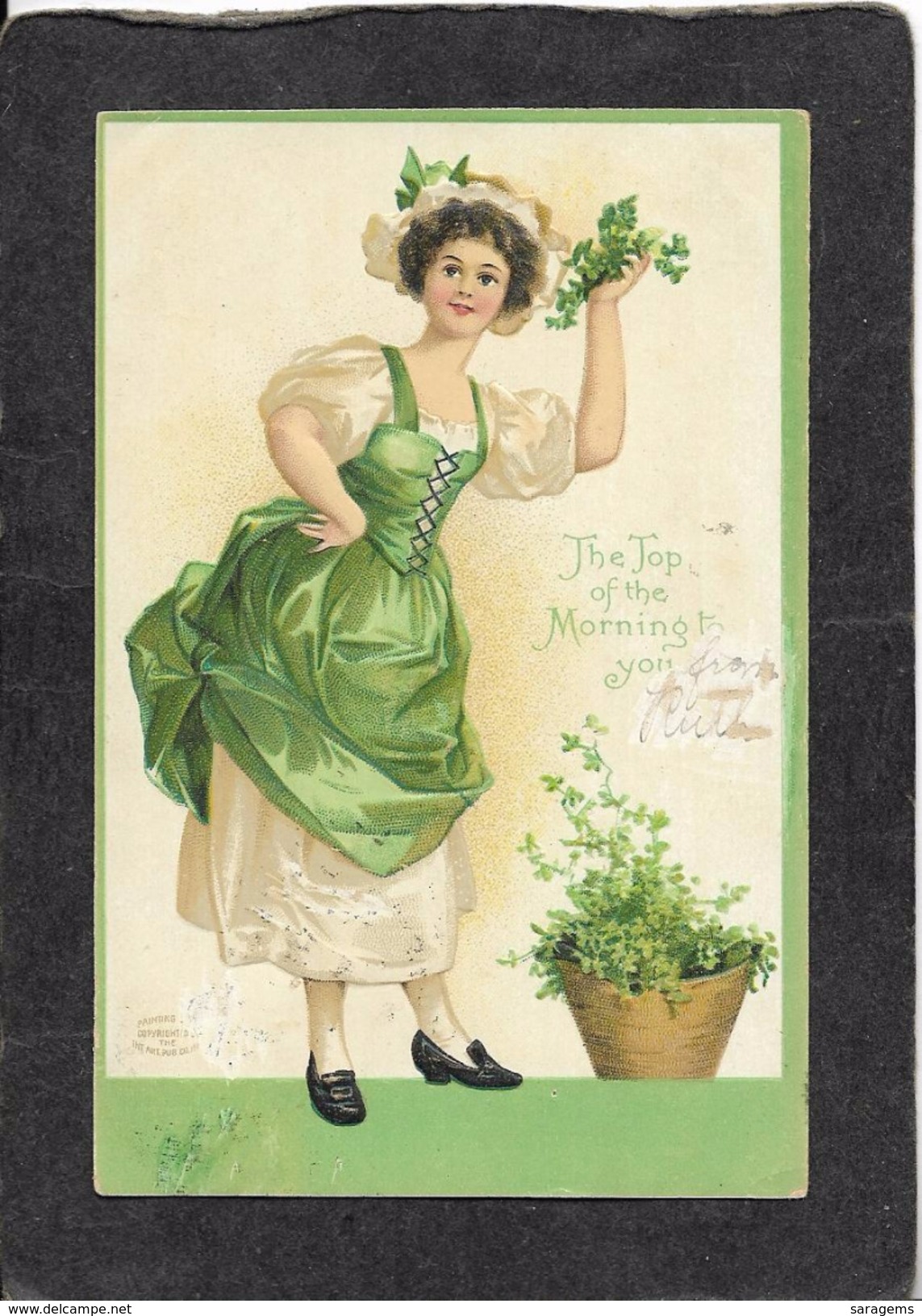 Pretty Young Irish Lady All In Green"Top Of The Morning To You"1910 - Ellen Clapsaddle Antique Postcard - Clapsaddle