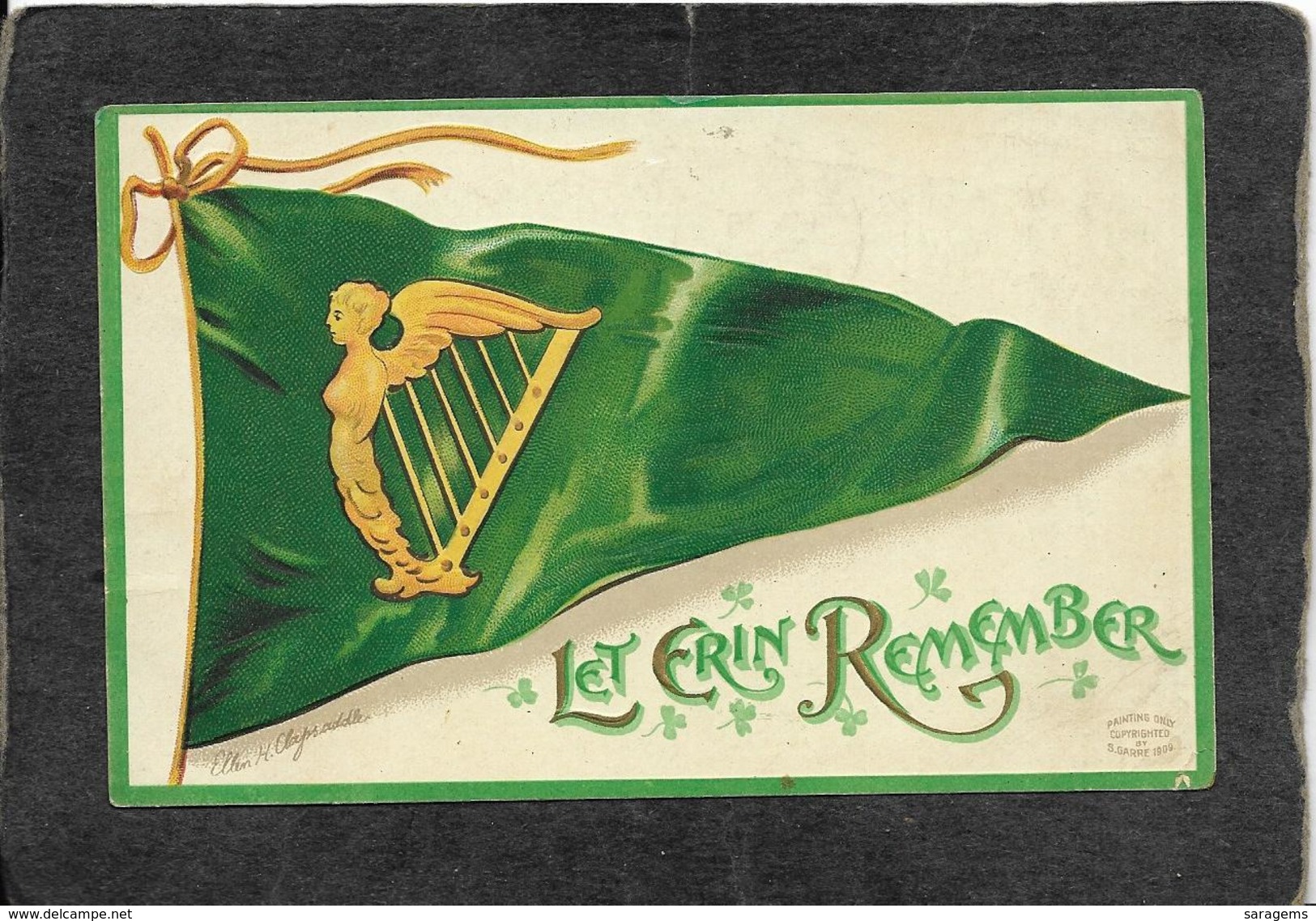 Green Irish Flag"Let Erin Remember"1910- Ellen Clapsaddle Signed Antique Postcard, Mauser Warehouse Co Advertising - Clapsaddle