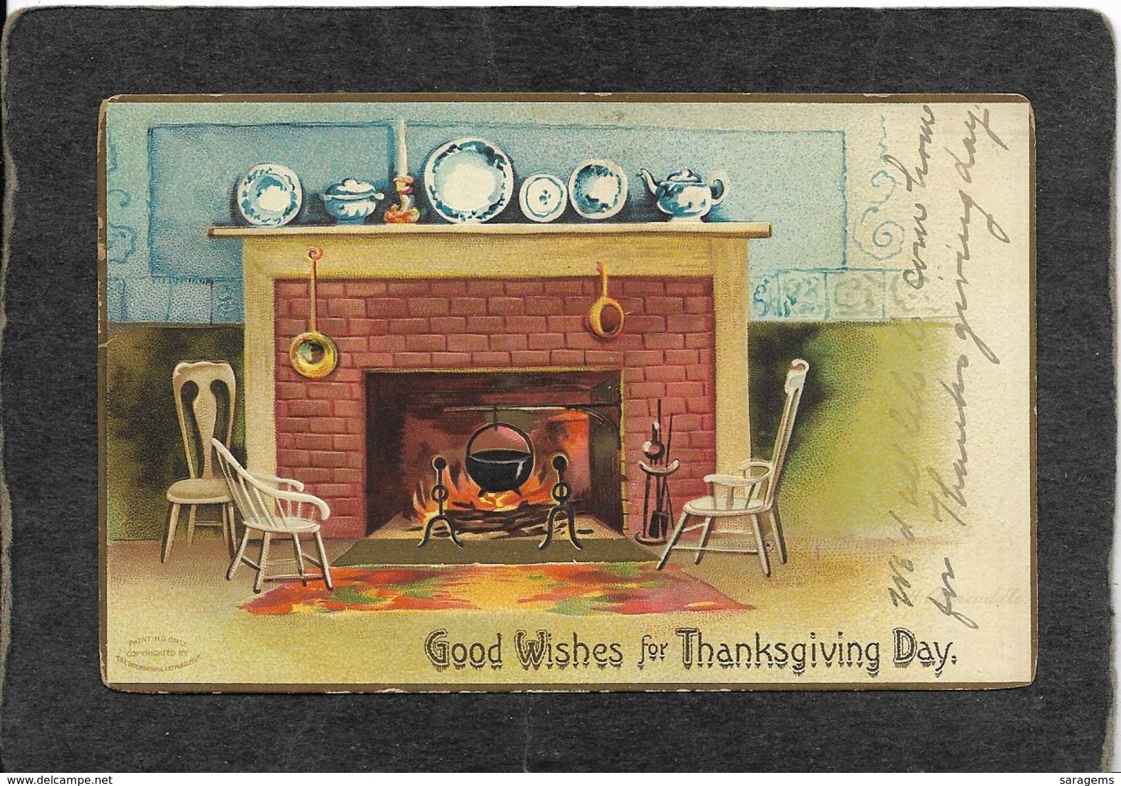 Fireside Hearth,Dishes,Boiling Pot"Good Wishes For Thanksgiving"1908 - Ellen Clapsaddle Antique Postcard - Clapsaddle