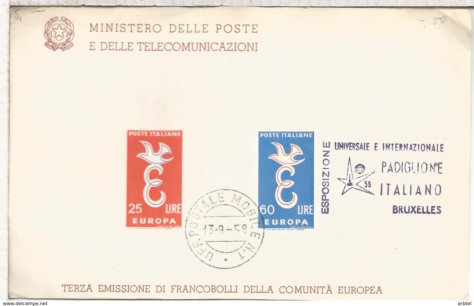 ITALIA BRUXELLES EXPOSICION UNIVERSAL DE 1958 BRUSELS HOJITA SIN DENTAR MAT UFF POSTALE MOBILE N.1 - 1958 – Brussels (Belgium)