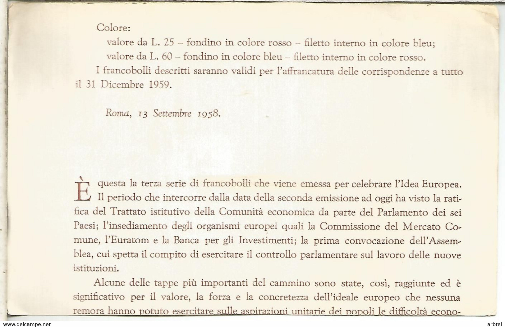 ITALIA BRUXELLES EXPOSICION UNIVERSAL DE 1958 BRUSELS HOJITA SIN DENTAR MAT UFF POSTALE MOBILE N.1 - 1958 – Bruselas (Bélgica)