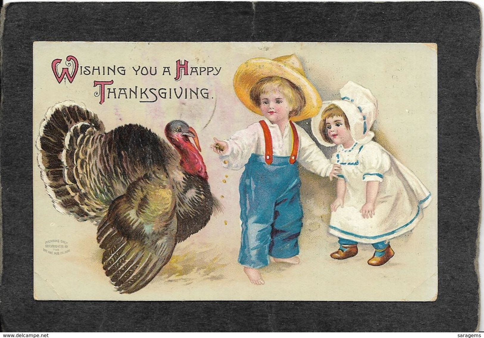 Cute Girl And Boy With Thanksgiving Turkey"Wishing You"1908 - Ellen Clapsaddle Antique Postcard - Clapsaddle