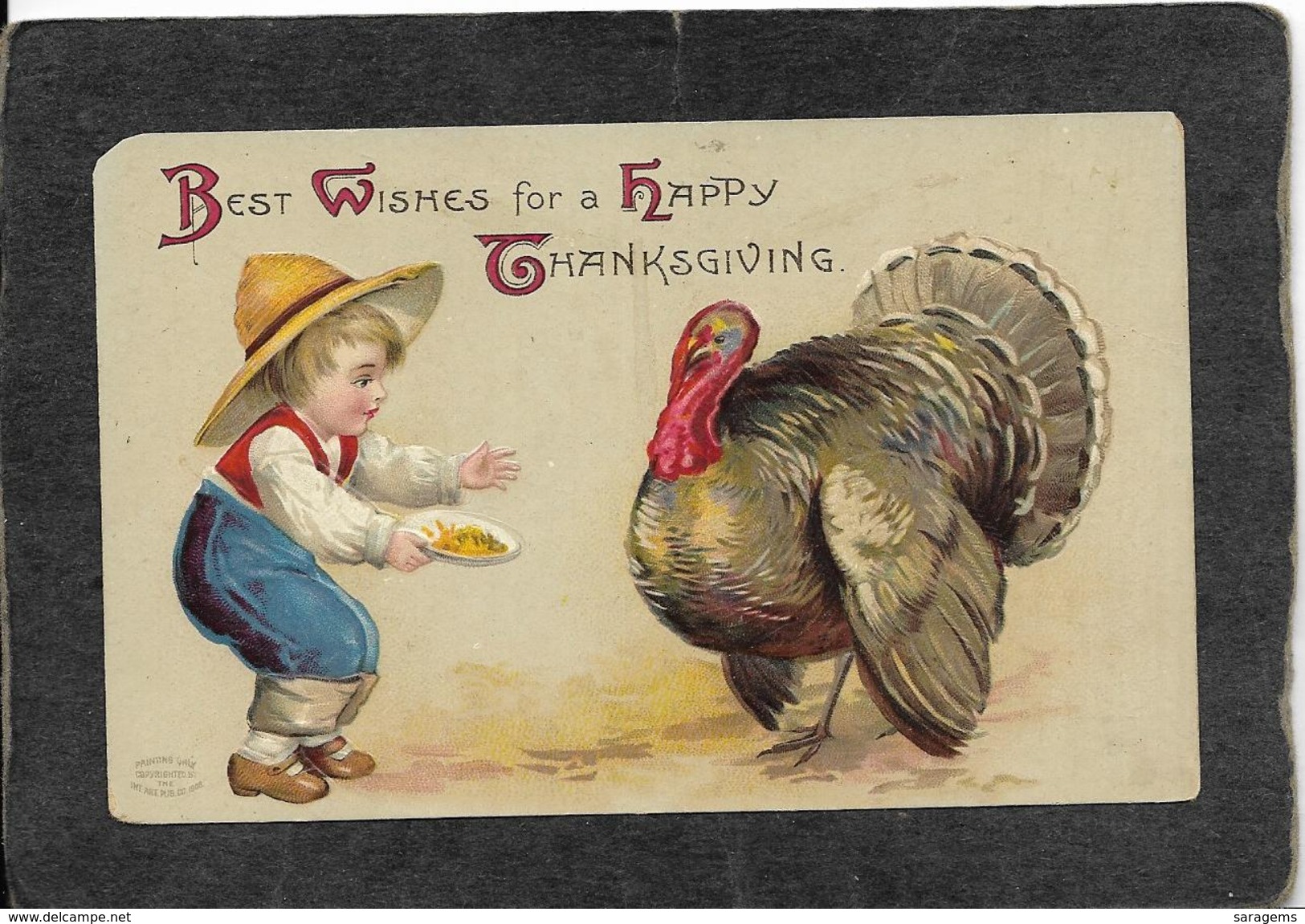 Thanksgiving,Cute Young Boy In Blue Pants"Best Wishes" - Ellen Clapsaddle Antique Postcard - Clapsaddle
