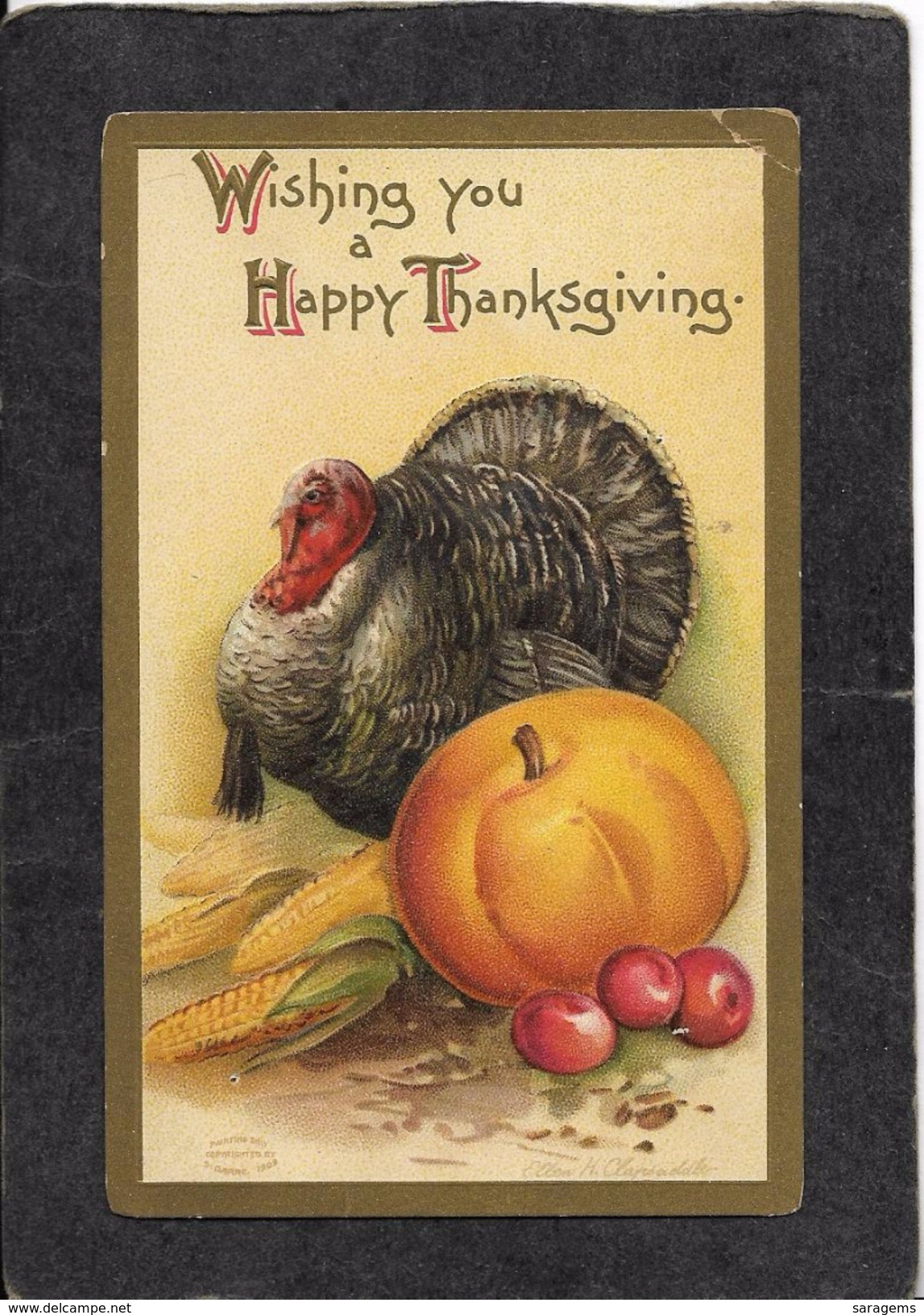 Thanksgiving Turkey(facing Left)with Pumpkin & Apples"Wishing You" - Ellen Clapsaddle Signed Antique Postcard - Clapsaddle