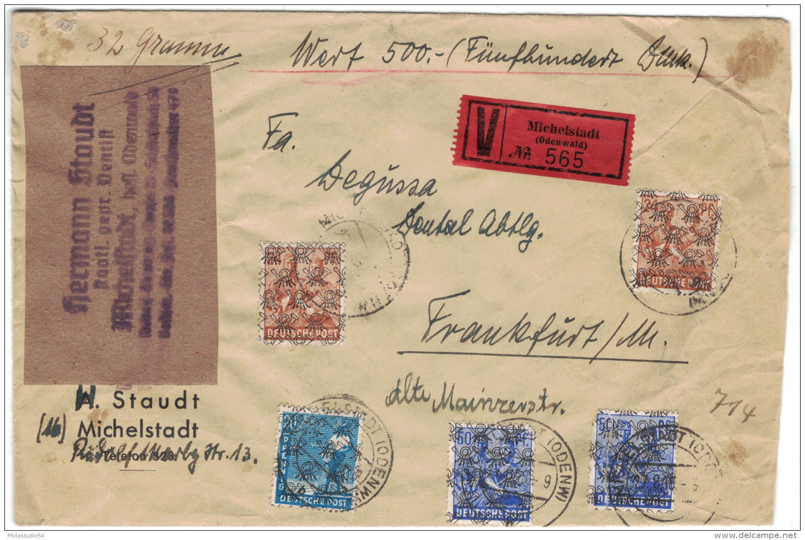 1948, Wertbrief über 500,- DM Mit Netzfrankatur, Eine Marke Mit Einriss Aufgeklebt, Ab MICHELSATDT (ODENWALD) Nach Frank - Sonstige & Ohne Zuordnung