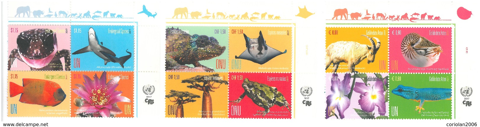 Joint Issue UNO 2017 (New York, Wien, Geneve) - Romania / Endangered Species / Set 3 Blocks X4 Stamps - Umweltschutz Und Klima