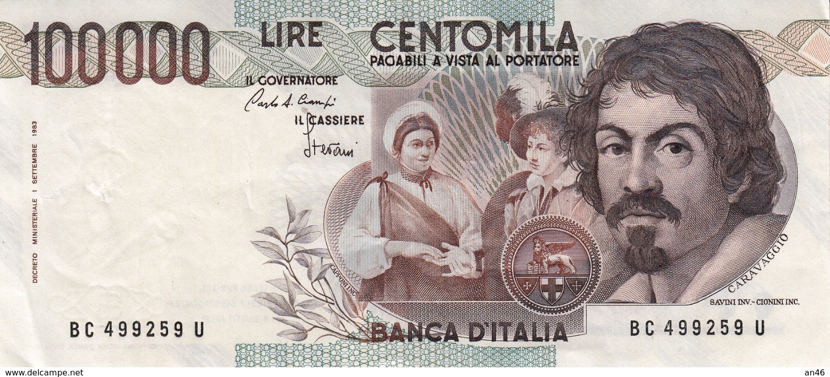 Banconota Rep.Italiana.da 100.000 Lire_1°Tipo Decreto Min.1 Sett.1983_Caravaggio_Serie BC 499259 U -" 2 SCANSIONI- - Altri & Non Classificati