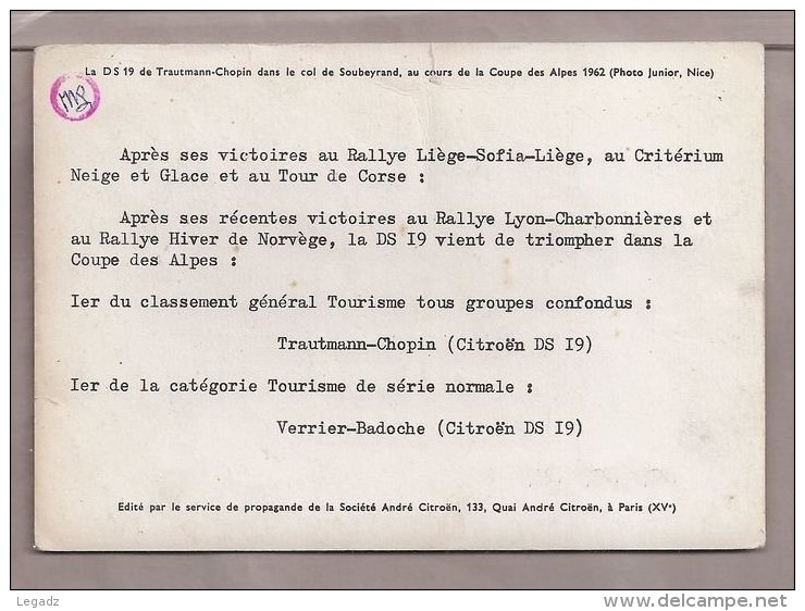 Carte Photo 10,5x15cm - Automobile (Citroen) - La DS 19  De Traumann-Chopindans Le Col De Soubeyrand Au Cours De La Coup - Rallyes