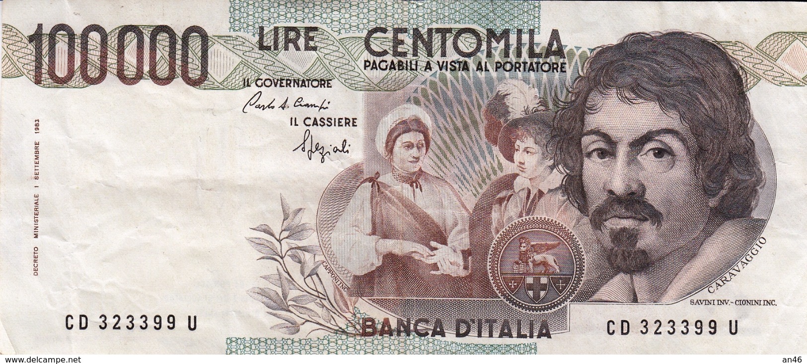 Banconota Rep.Italiana.da 100.000 Lire_1°Tipo Decreto Min.1 Sett.1983_Caravaggio_Serie CD 323399 U -" 2 SCANSIONI- - Altri & Non Classificati