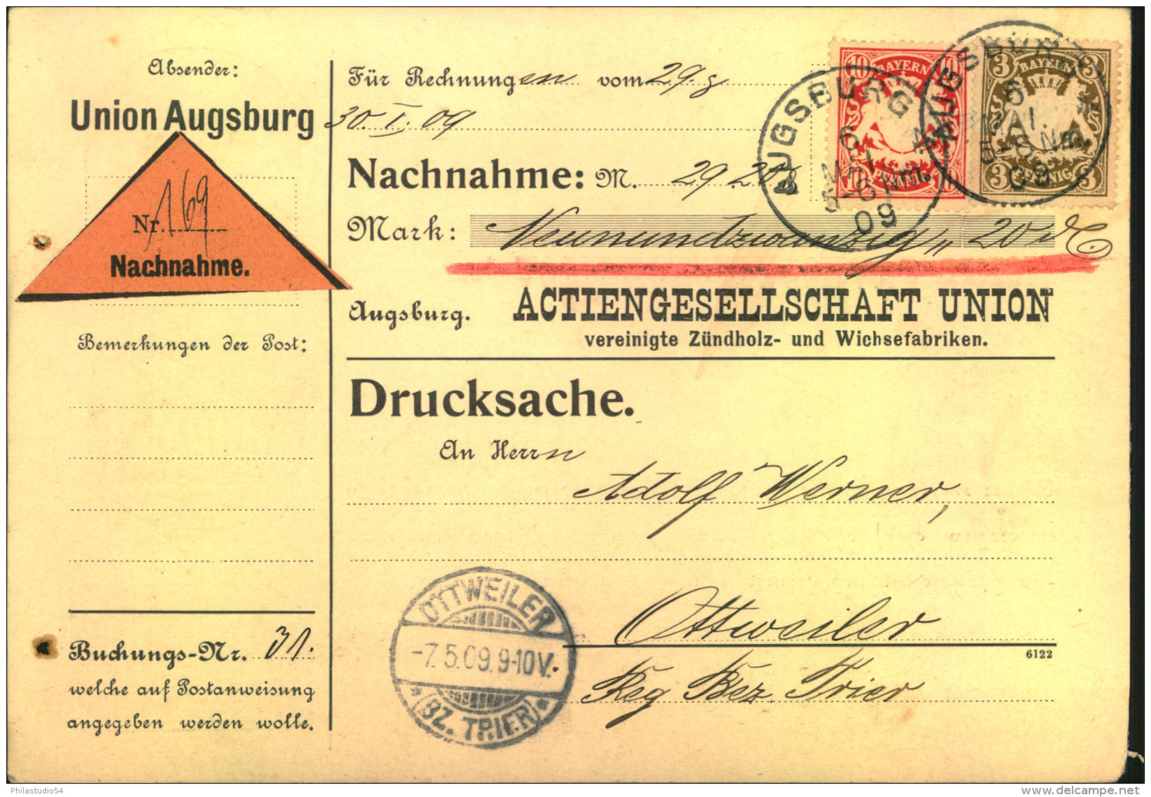 1909, Dekorative Nachnahmekarte Mit Werbung Rückseitig. Zwei Nadellöcher. - Lettres & Documents