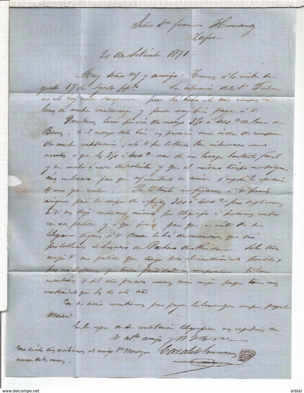 ESPAÑA ENVUELTA DE 1871 DE DON BENITO BADAJOZ A ZAFRA MAT PASO POR MERIDA - Cartas & Documentos