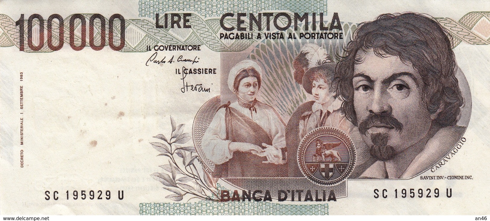 Banconota Rep.Italiana.da 100.000 Lire_1°Tipo Decreto Min.1 Sett.1983_Caravaggio_Serie SC 195929 U -" 2 SCANSIONI- - Altri & Non Classificati