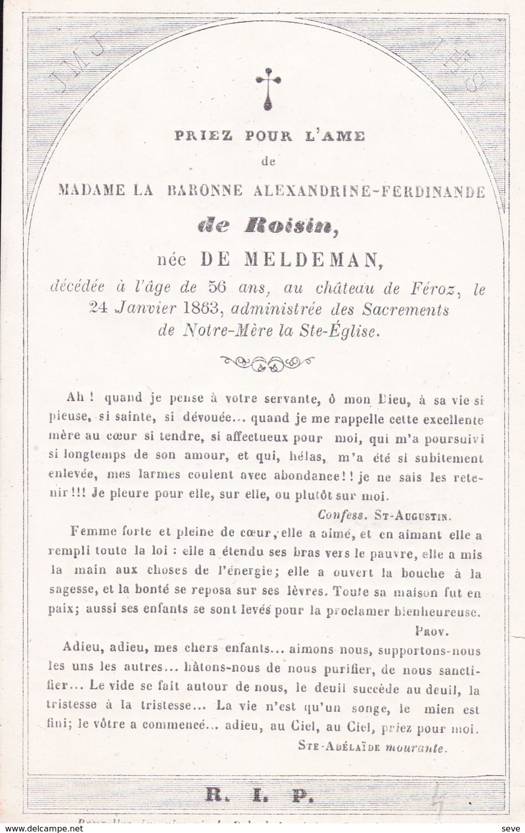 Château De FEROZ La Baronne Alexandrine De ROISIN Née DE MELDEMAN  56 Ans 1863 Souvenir Mortuaire Porcelaine DP Noblesse - Décès