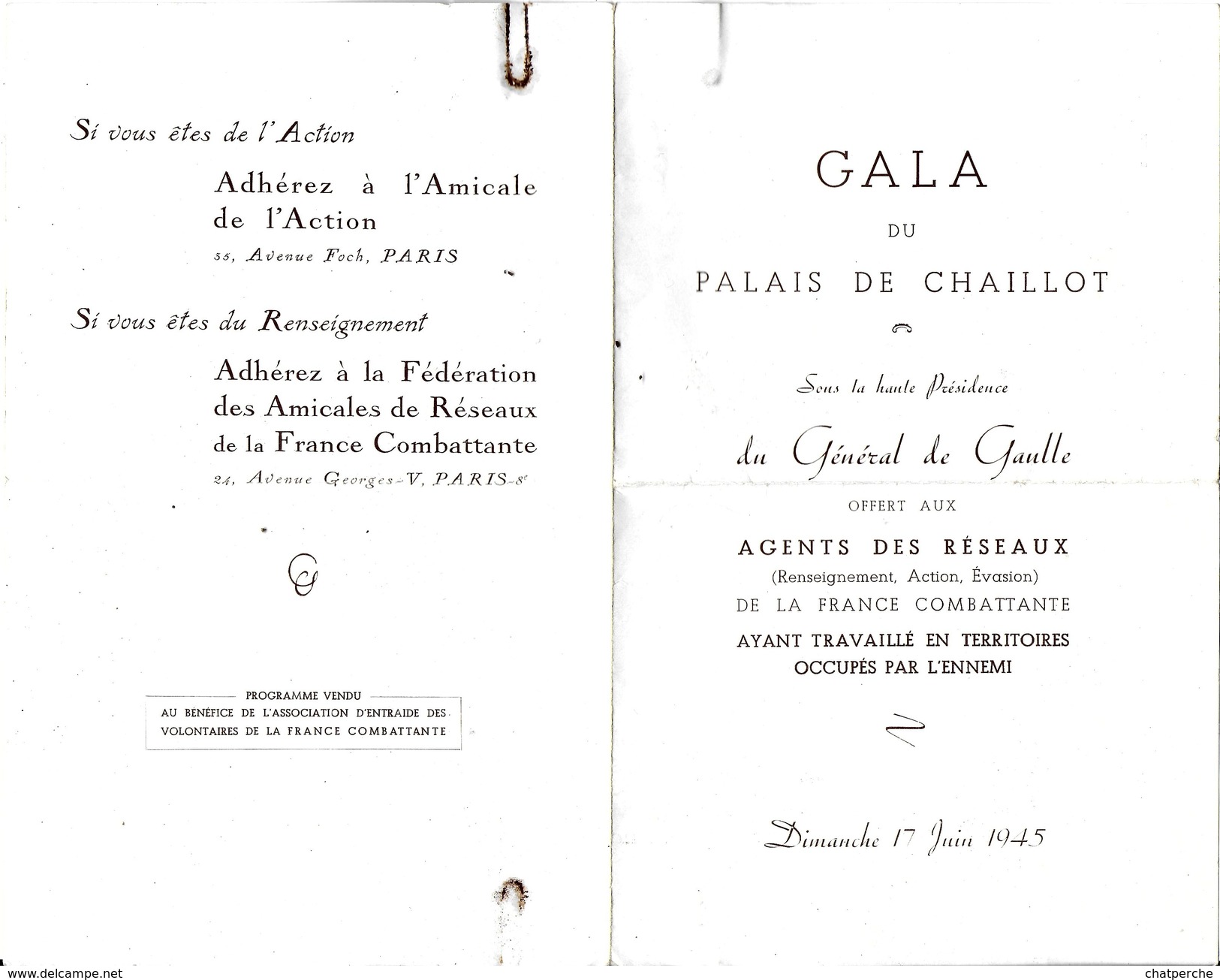 PROGRAMME AU PALAIS DE CHAILLOT PARIS  SOUS HAUTE PRESIDENCE DU  GENERAL DE GAULLE 1/06/1945 + CARTE VALABLE 1 PERSONNE - Programma's