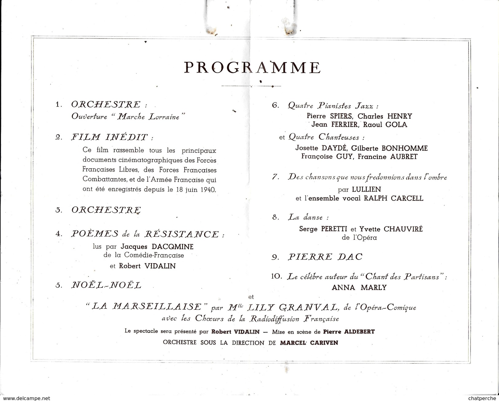 PROGRAMME AU PALAIS DE CHAILLOT PARIS  SOUS HAUTE PRESIDENCE DU  GENERAL DE GAULLE 1/06/1945 + CARTE VALABLE 1 PERSONNE - Programma's