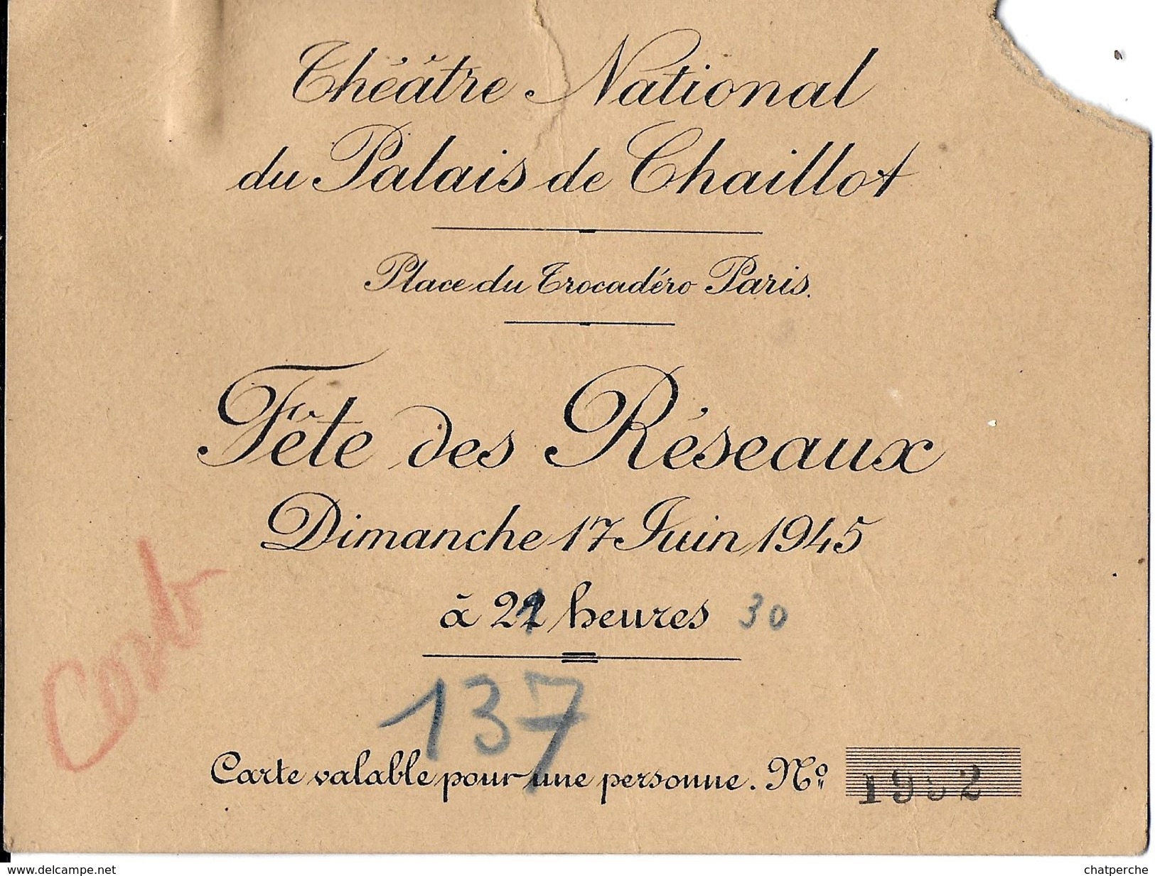 PROGRAMME AU PALAIS DE CHAILLOT PARIS  SOUS HAUTE PRESIDENCE DU  GENERAL DE GAULLE 1/06/1945 + CARTE VALABLE 1 PERSONNE - Programma's