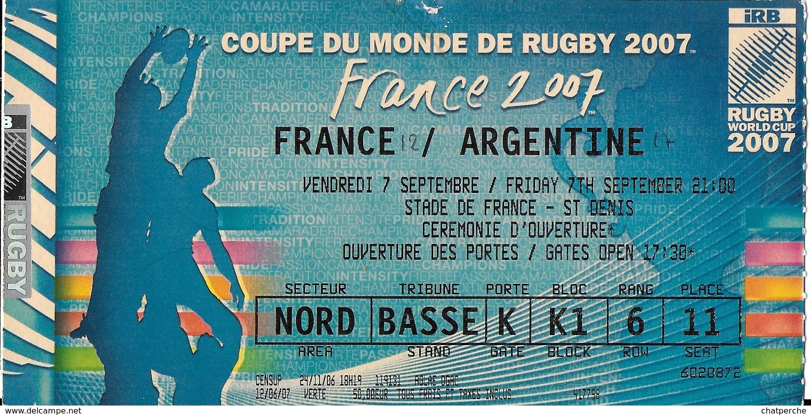 BILLET TICKET ENTREE STADE DE GERLAND MATCH RUGBY FRANCE / ARGENTINE 7/09/2007 - Tickets D'entrée