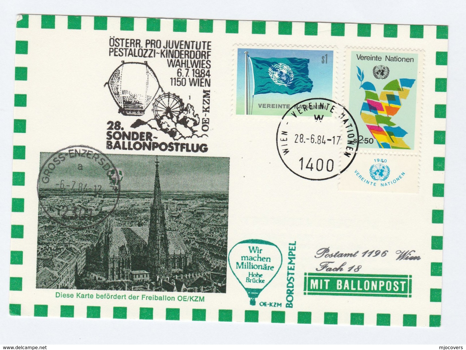 1984 Special BALLOON FLIGHT COVER (card) GRSS ENZERSDORF Ballooning Stamps Un United Nations Austria - Other (Air)