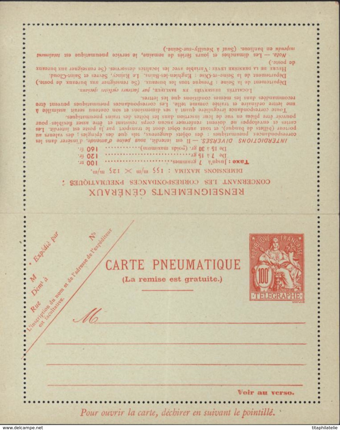 Entier Carte Lettre Pneumatique Chaplain 100F Orange Faux Pli Vertical Fil Soie Apparent ? Storch P316 V6 Cote 45 Euros - Rohrpost