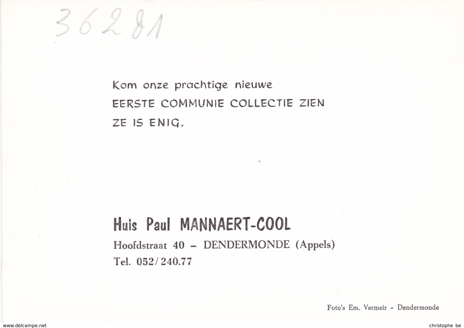 Dendermonde, Appels,  Huis Paul Mannaert - Cool, Reclamekaart Communiekledij (pk36281) - Dendermonde