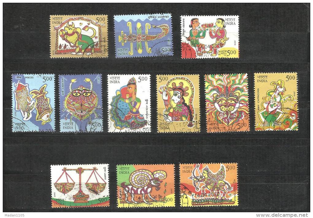 INDIA, 2010, VERY FINE USED,(FIRST DAY CANCELLED) Astrological Signs, (Zodiac), 12 V Complete Set. - Gebruikt