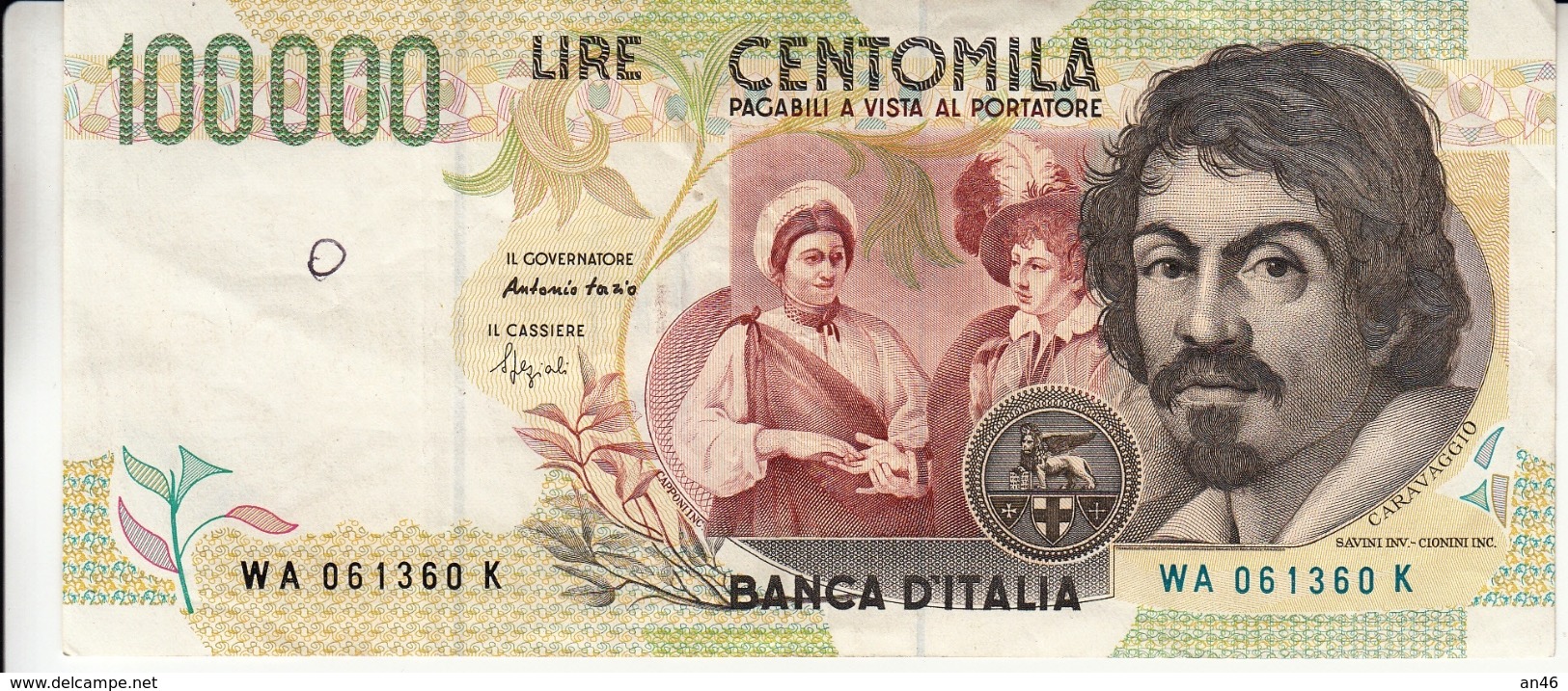 Banconota Rep.Italiana.da 100.000 Lire_II°Tipo Decreto Min.6 Maggio1994_Caravaggio_Serie WA 061360 K -" 2 SCANSIONI- - Altri & Non Classificati