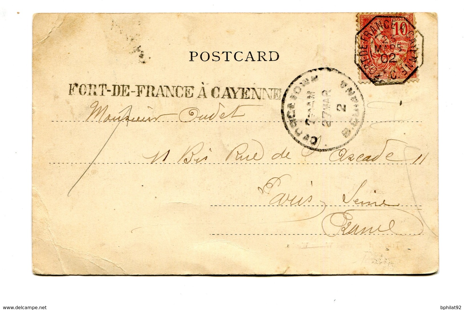 !!! CPA DE GUYANE BRITANIQUE AFFRANCH 10C MOUCHON MARQUE LINEAIRE ET CACHET MARITIME FORT DE FRANCE A CAYENNE 1902 - Posta Marittima