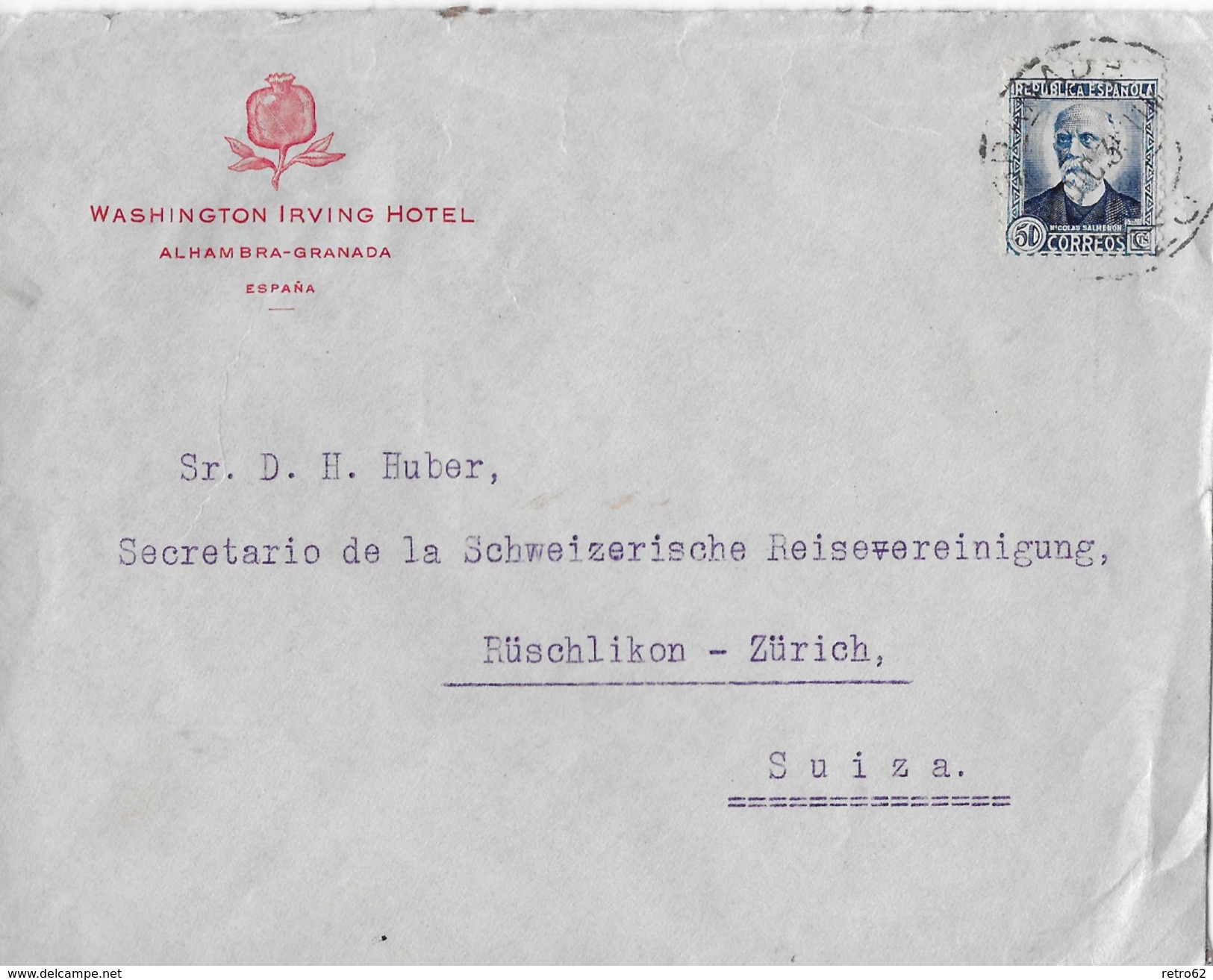 Spain Used Nicolas Salmeron (1931) Postage Of Letter A Suiza - Briefe U. Dokumente