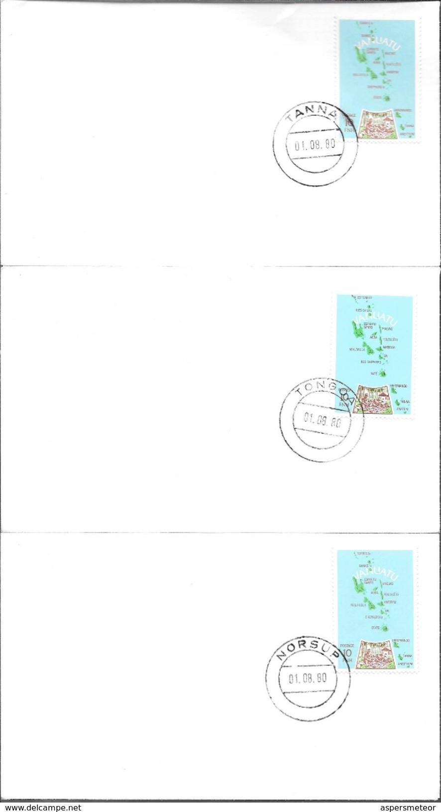 VANUATU 3 DIFFERENT ENVELOPES FIRST OF AUGUST 1980 OBLITERATIONS NORSUP, TONGOA AND TANNA - Vanuatu (1980-...)