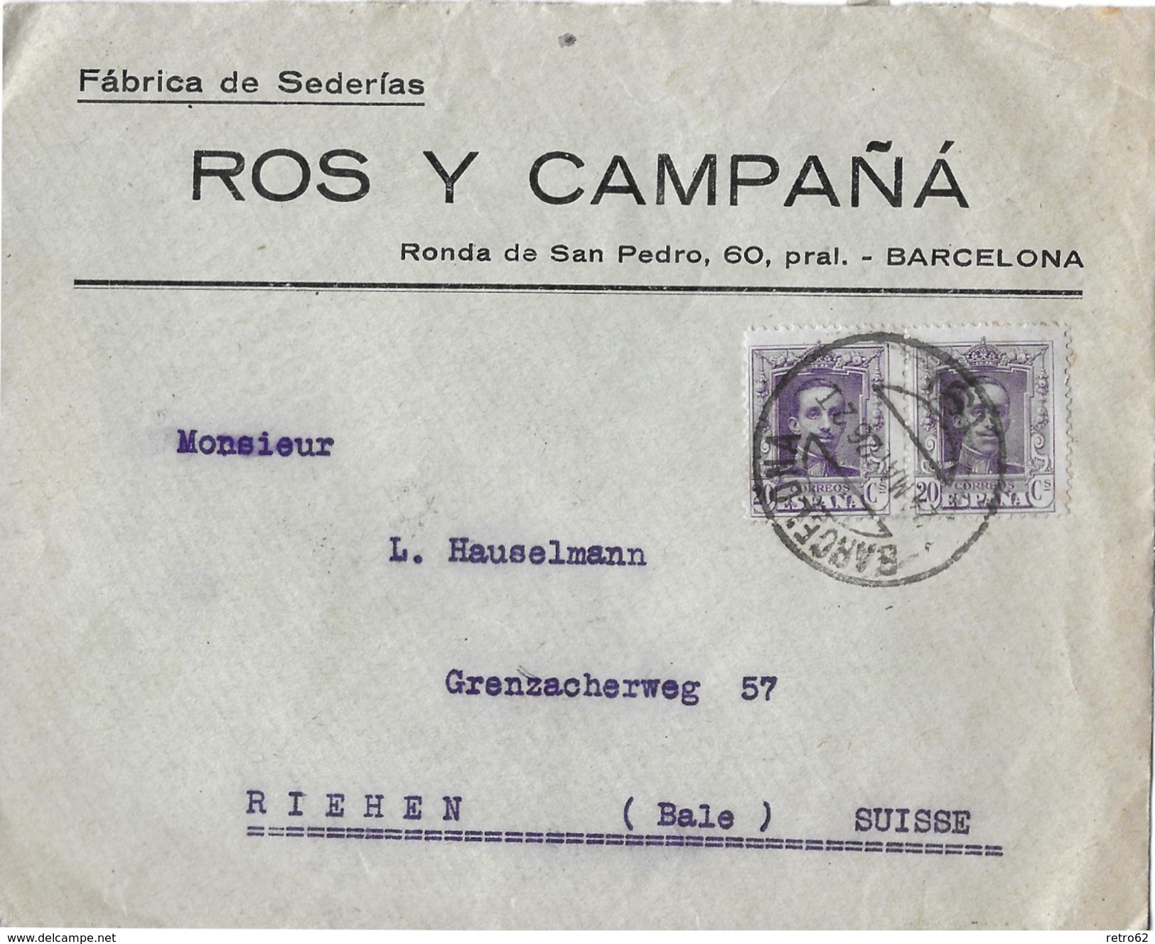 1926 Letter Of Spain To Switzerland, ROS Y CAMPANIA - Briefe U. Dokumente