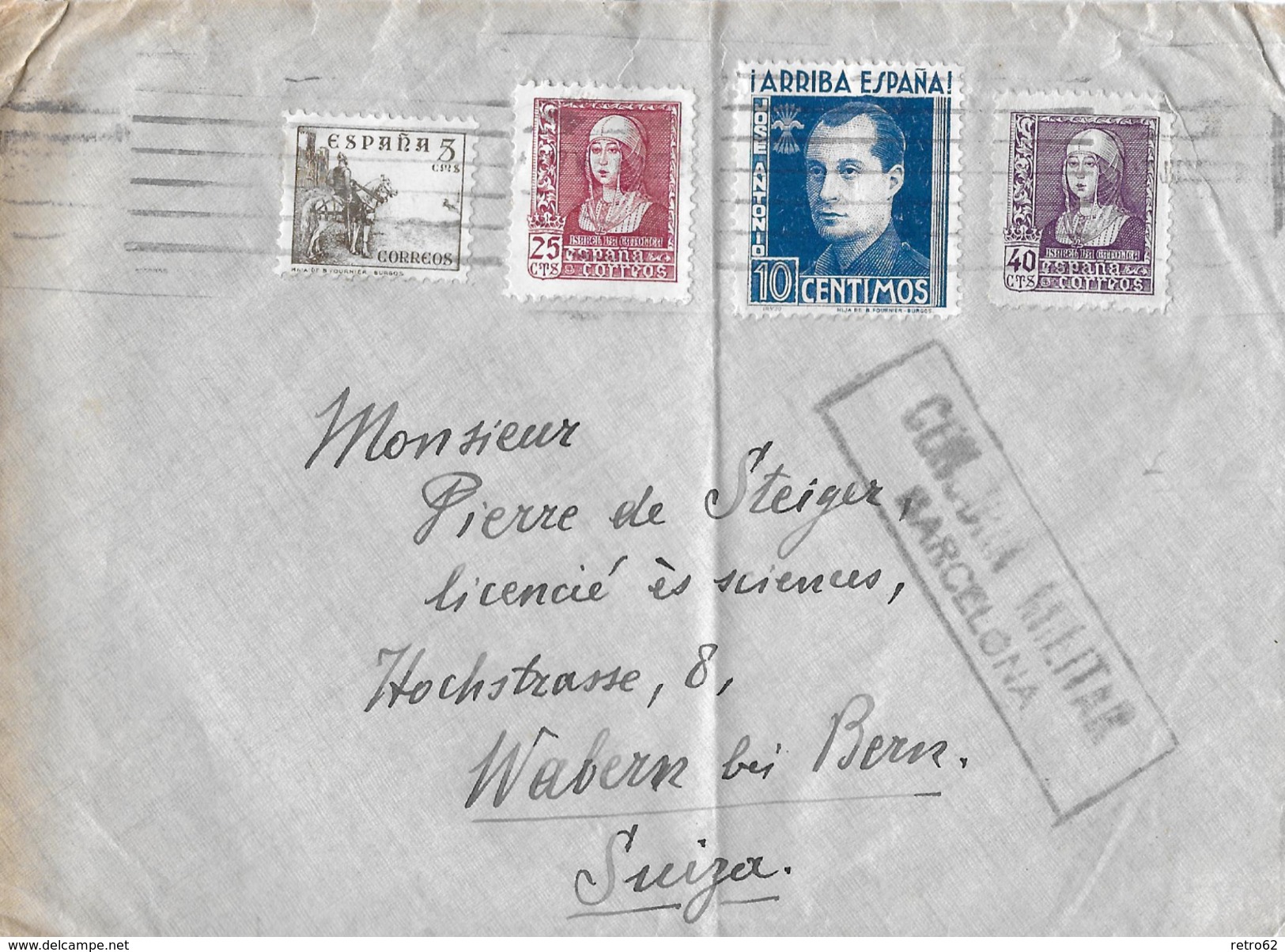 Letter Of Spain To Switzerland, Censura Militar Bercelona - Briefe U. Dokumente