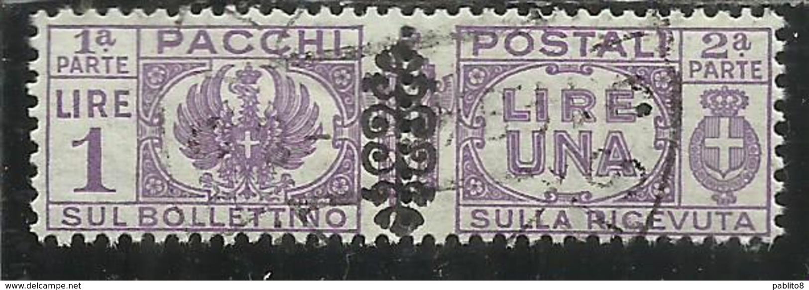 ITALY KINGDOM ITALIA REGNO 1945 LUOGOTENENZA PACCHI PARCEL POST POSTALI FREGIO LIRE 1 USATO USED OBLITERE' - Paketmarken