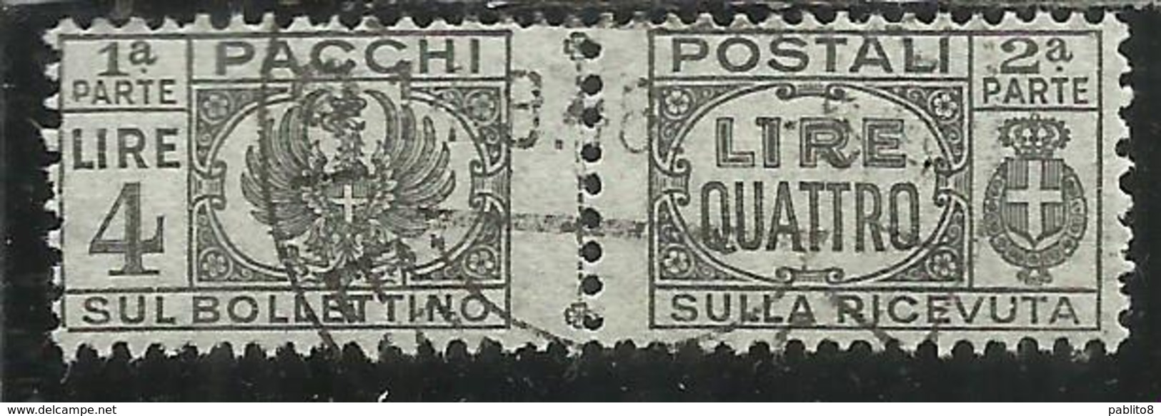 ITALIA REGNO ITALY KINGDOM 1946 LUOGOTENENZA PACCHI POSTALI PARCEL POST SENZA FASCIO LIRE 4 USATO USED OBLITERE' - Paketmarken