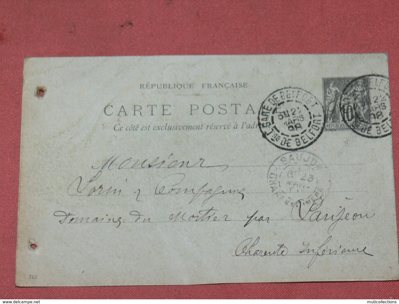 ENTIER POSTAL / CARTE LETTRE 10C  TYPE SAGE  1898  /  DE GARE DE BELFORT  / A NEGOCIANT DE COGNAC A SAUJON - Cartes Postales Types Et TSC (avant 1995)