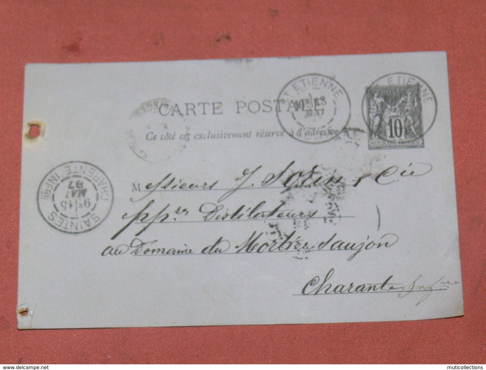 ENTIER POSTAL / CARTE LETTRE 10C  TYPE SAGE  1887 / DE ST ETIENNE / A DISTILLATEUR DE COGNAC  JUNIEN SORIN  A SAUJON - Cartes Postales Types Et TSC (avant 1995)