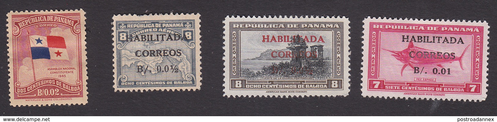 Panama, Scott #350, 353-355, Mint Hinged, Flag, Map, Scenery And Fish Surcharged, Issued 1947-48 - Panama