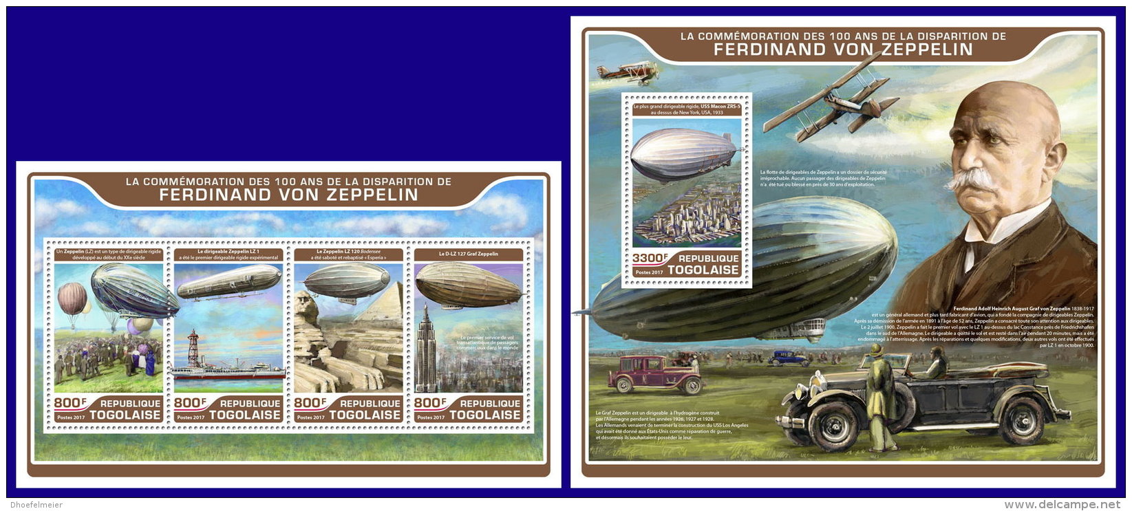 TOGO 2017 ** Ferdinand Von Zeppelin M/S+S/S - OFFICIAL ISSUE - DH1720 - Zeppeline
