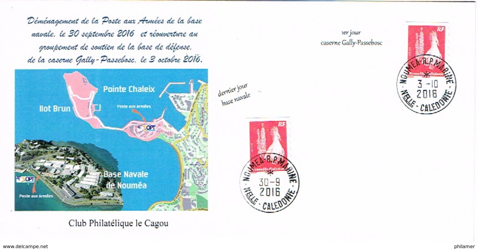 Nouvelle Caledonie Enveloppe Commemorative Club Cagou Poste Aux Armees Caserne Cachet RP Marine 3/10/2016 TB - Brieven En Documenten