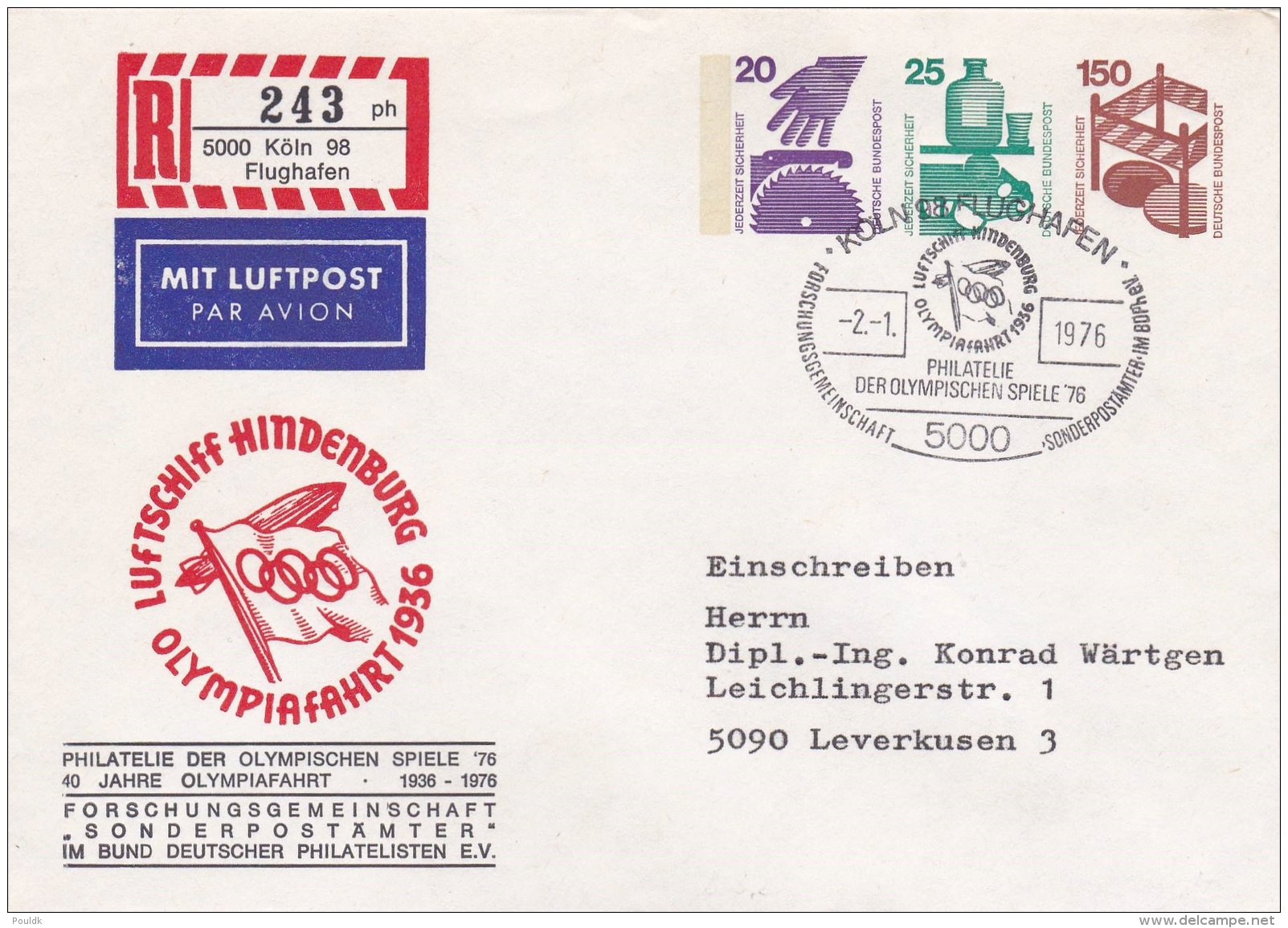 Germany Registered Cover Köln Flughafen 1976 Luftschiff Hindenburg Olympiafahrt 1936, Remembering (T17-5) - Sonstige & Ohne Zuordnung