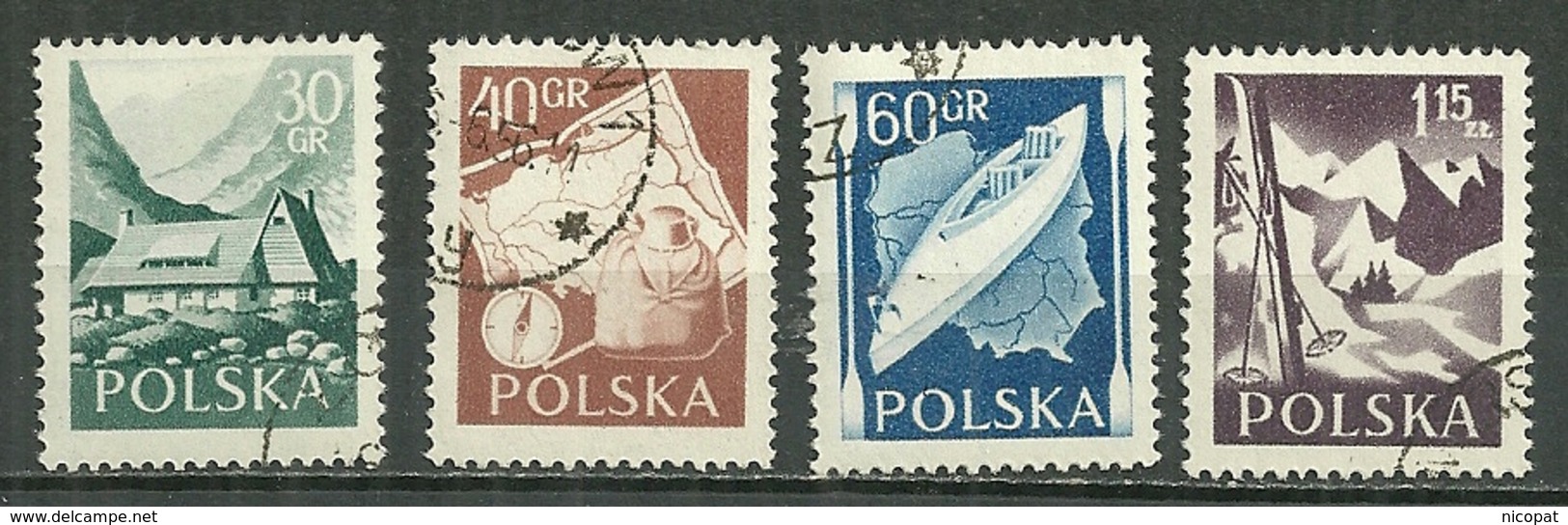 POLAND Oblitéré 857-860 Série Touristique Chalet Monts Tatra Sac Boussole Carte Kayak Rivière Ski Skis Montagne - Used Stamps