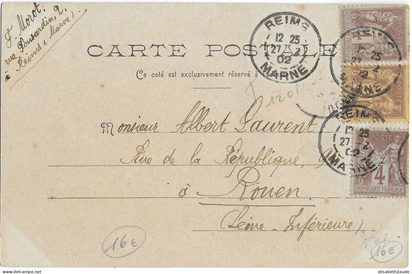 TYPE SAGE - 1902 - BEL AFFRANCHISSEMENT Sur CARTE De REIMS (MARNE) => ROUEN - 1876-1898 Sage (Type II)