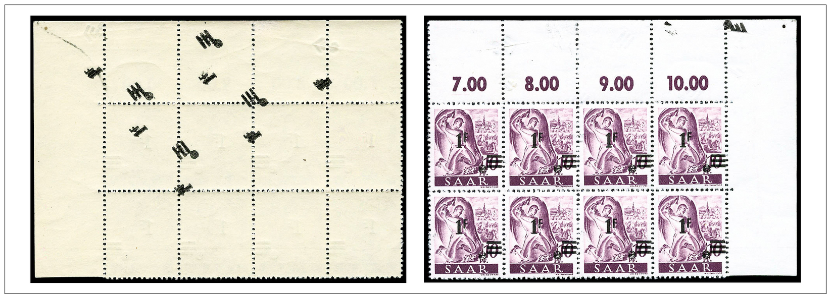 N&deg;218, 1 F. Sur 10 P. Lilas, Bloc De 8 Coin De Feuille Avec Surcharge Aussi Au Verso Sur 3 Timbres Et 4 Surcharges S - Sonstige & Ohne Zuordnung