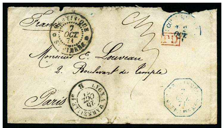 Franchise Militaire Enveloppe De St Pierre Du 7 Octobre 1874 Avec C&agrave;d Octogonal Bleu "CORR. D.ARMEES/ST PIErre", - Other & Unclassified