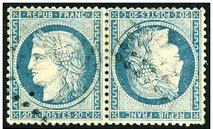 N&deg;37c, 20 C. Bleu, Paire Horizontale T&ecirc;te-b&ecirc;che, Oblit&eacute;r&eacute;e GC, Une Dent Courte Sinon TB - 1870 Assedio Di Parigi