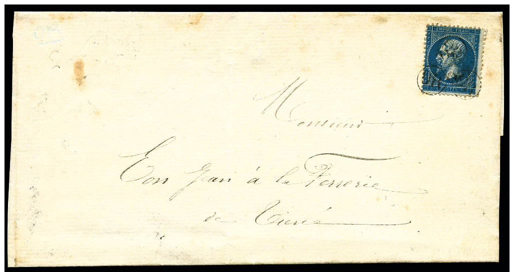 N&deg;22, 20 C. Bleu, Oblit&eacute;r&eacute; OR Sur LSC Sans Rabats Lat&eacute;raux, B/TB (cote C&eacute;r&egrave;s) - 1862 Napoleon III