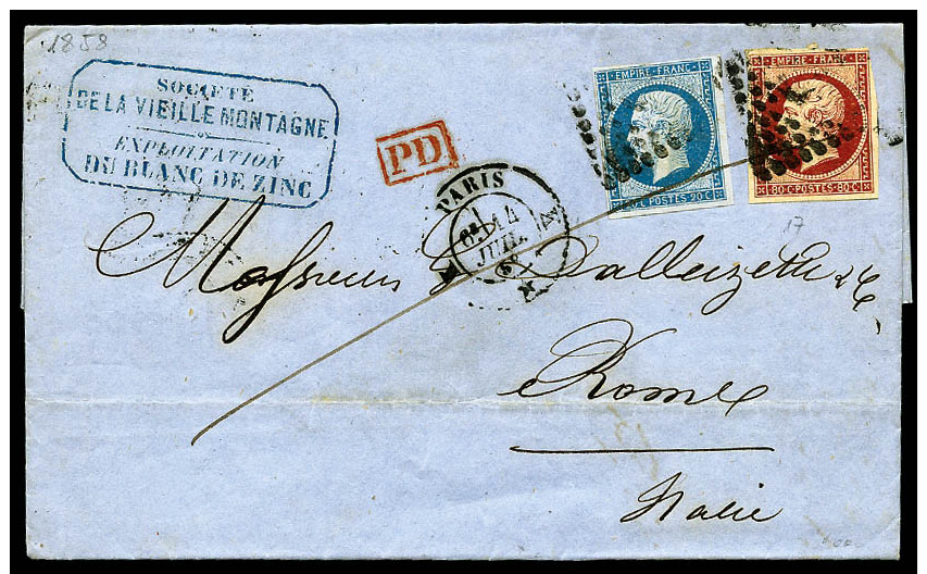 N&deg;17Ad, 80 C. Vermillonn&eacute; Et N&deg;14A, Oblit&eacute;r&eacute;s Losange K Sur LAC Avec C&agrave;d De Paris Du - 1853-1860 Napoléon III.
