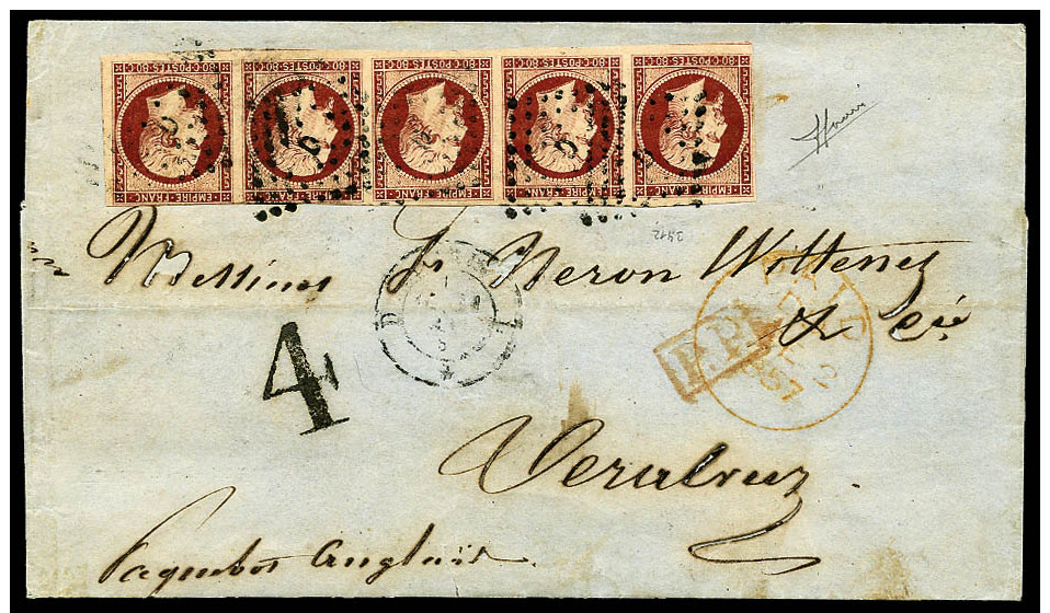 N&deg;17A, 80 C. Carmin Fonc&eacute;, Bande Horizontale De 5 (au Filet Sur 2 Timbres), Oblit&eacute;r&eacute;e Losange D - 1853-1860 Napoléon III.