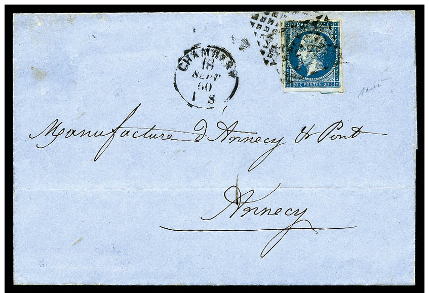 N&deg;14A, 20 C. Bleu, Type I, Oblit&eacute;r&eacute; De La Grille De Chamb&eacute;ry Sur LAC Avec C&agrave;d Du 18 Sept - 1853-1860 Napoléon III.